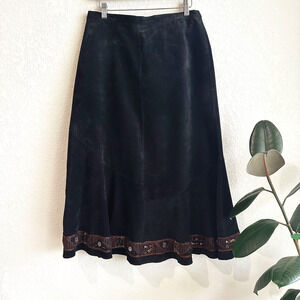 Chicos Womens Suede Maxi Skirt Size 2/Large/12 Embellished Boho Hippie Beaded